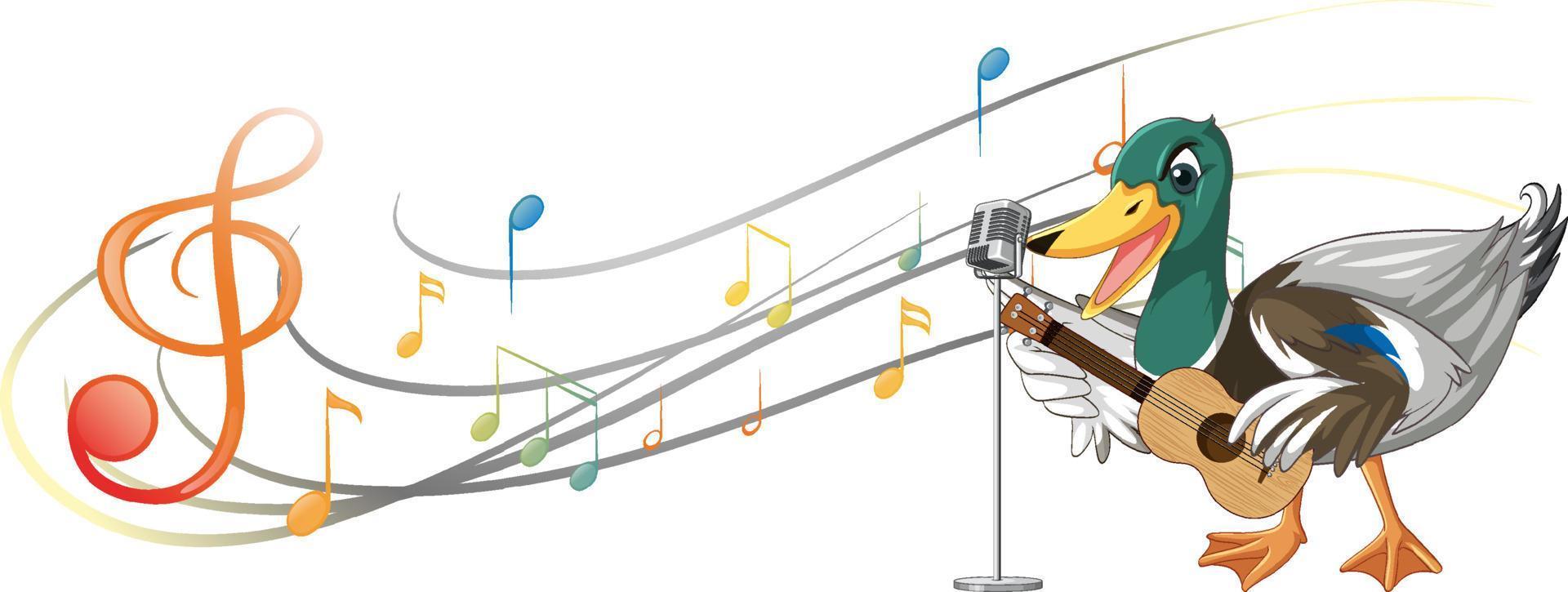 el pato toca la guitarra, el ukelele con nota musical vector