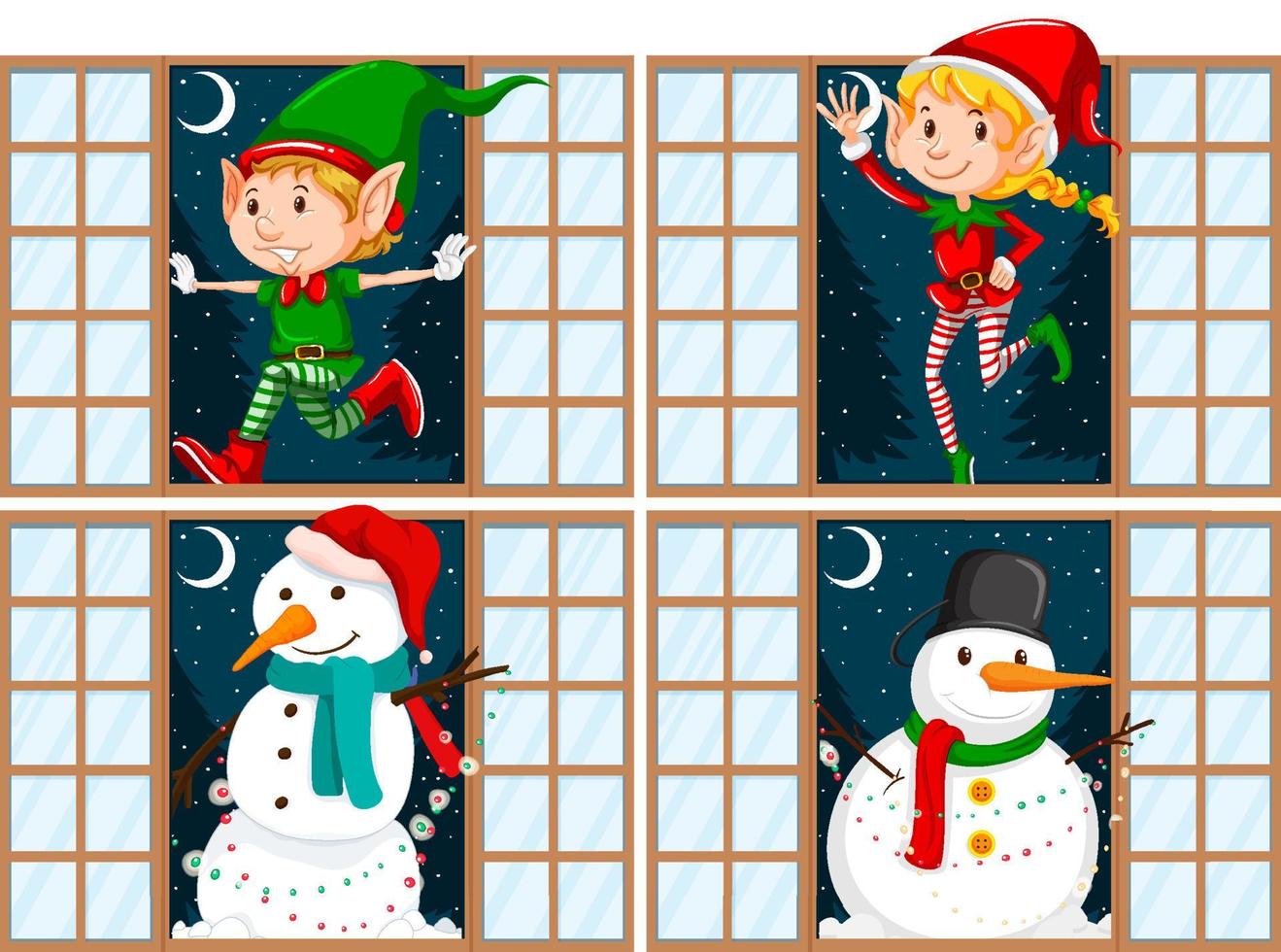 conjunto de elfo de tema navideño y muñeco de nieve en la puerta vector