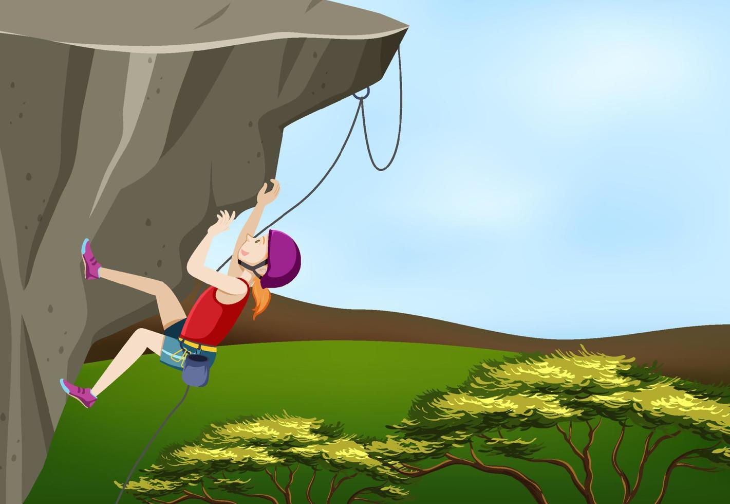 Rock climbing scene with woman climbing rock vector