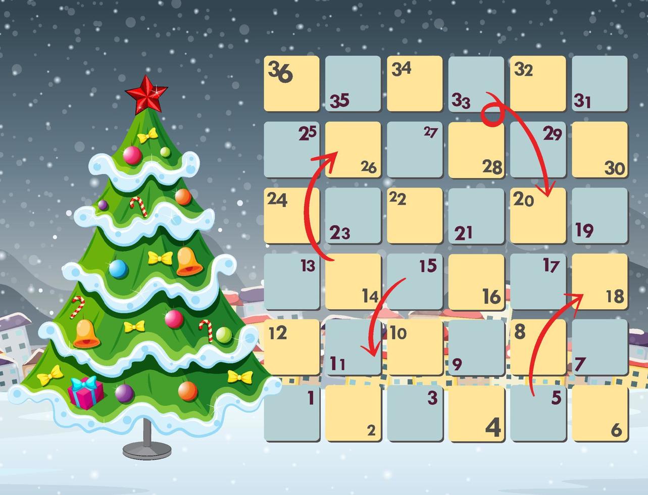 Snake and ladders game template with Christmas theme vector