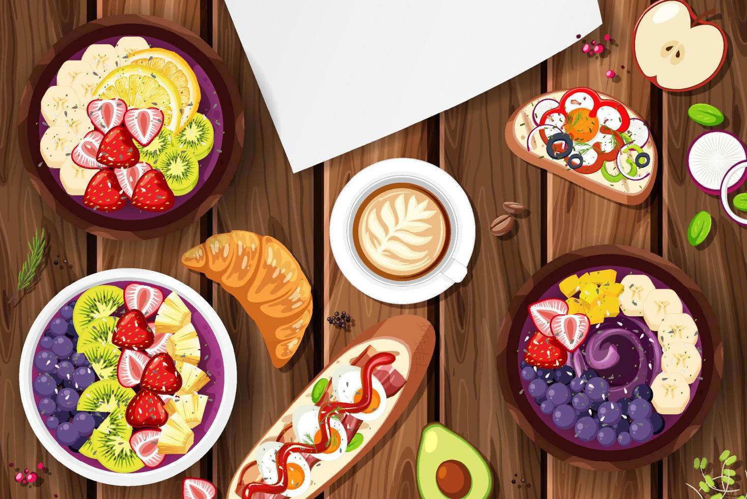 Top view Acai food bowl and placemat on wood table vector