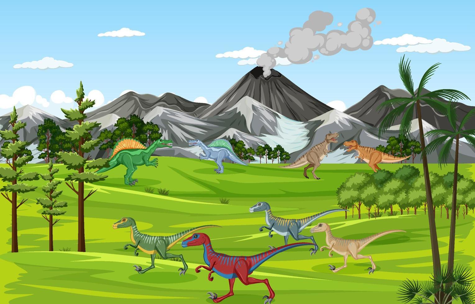 dinosaurio en la escena del bosque prehistórico vector