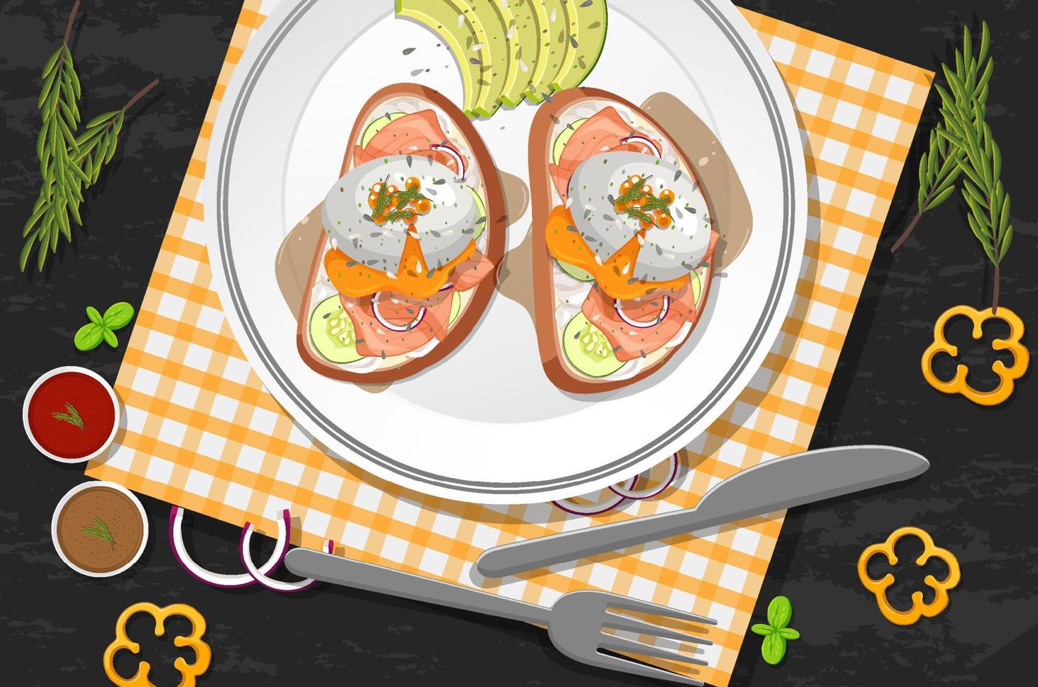 Top view food, egg benedict and placemat on black table vector