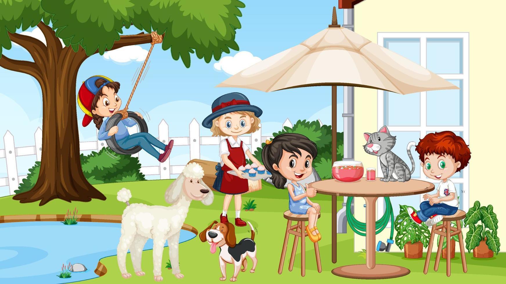 Scene of backyard with kids and fence vector