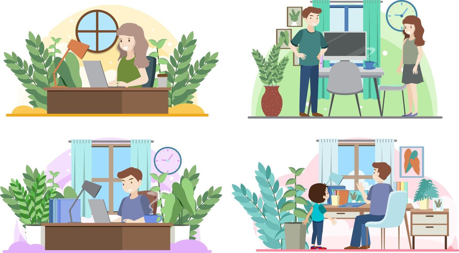 Scenes with people working from home vector