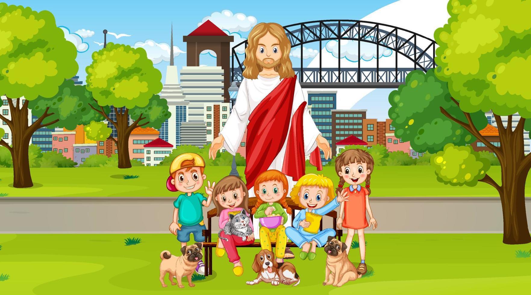 jesus y los niños en el parque vector