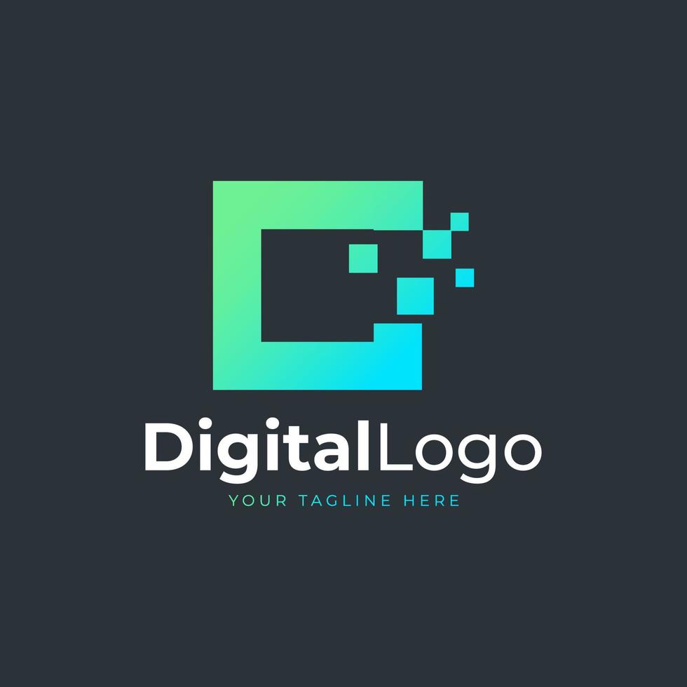 logotipo de la letra c de tecnología. forma geométrica azul y verde con puntos de píxeles cuadrados. utilizable para logotipos de negocios y tecnología. elemento de plantilla de ideas de diseño. vector