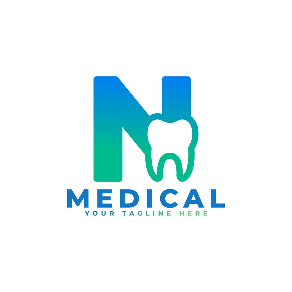 Dental Clinic Logo. Blue Shape Initial Letter N Linked with Tooth Symbol inside. Usable for Dentist, Dental Care and Medical Logos. Flat Vector Logo Design Ideas Template Element.