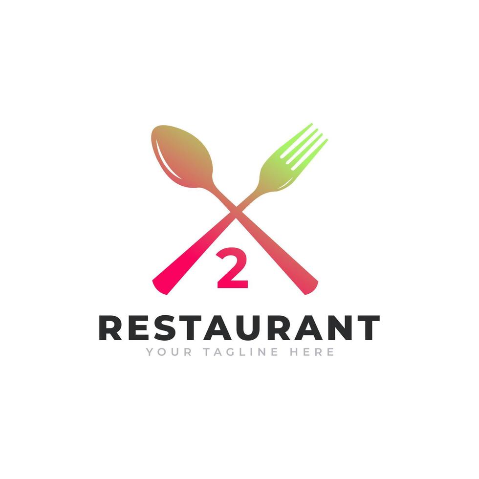 logotipo del restaurante. número 2 con tenedor de cuchara para plantilla de diseño de icono de logotipo de restaurante vector