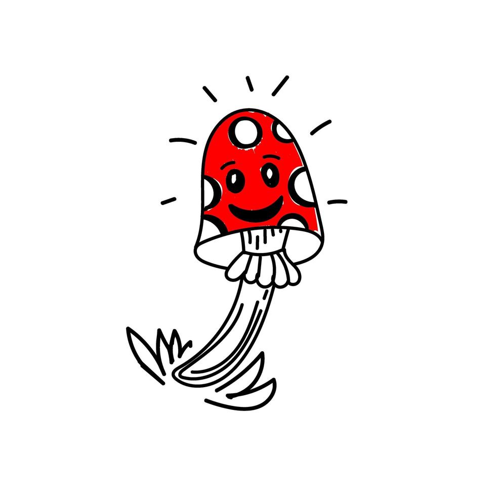 Cute Mushroom Amanita. Halloween. Hand-drawn doodle-style elements. Cute poisonous mushroom for a witch potion. Red and white polka-dotted mushrooms. vector