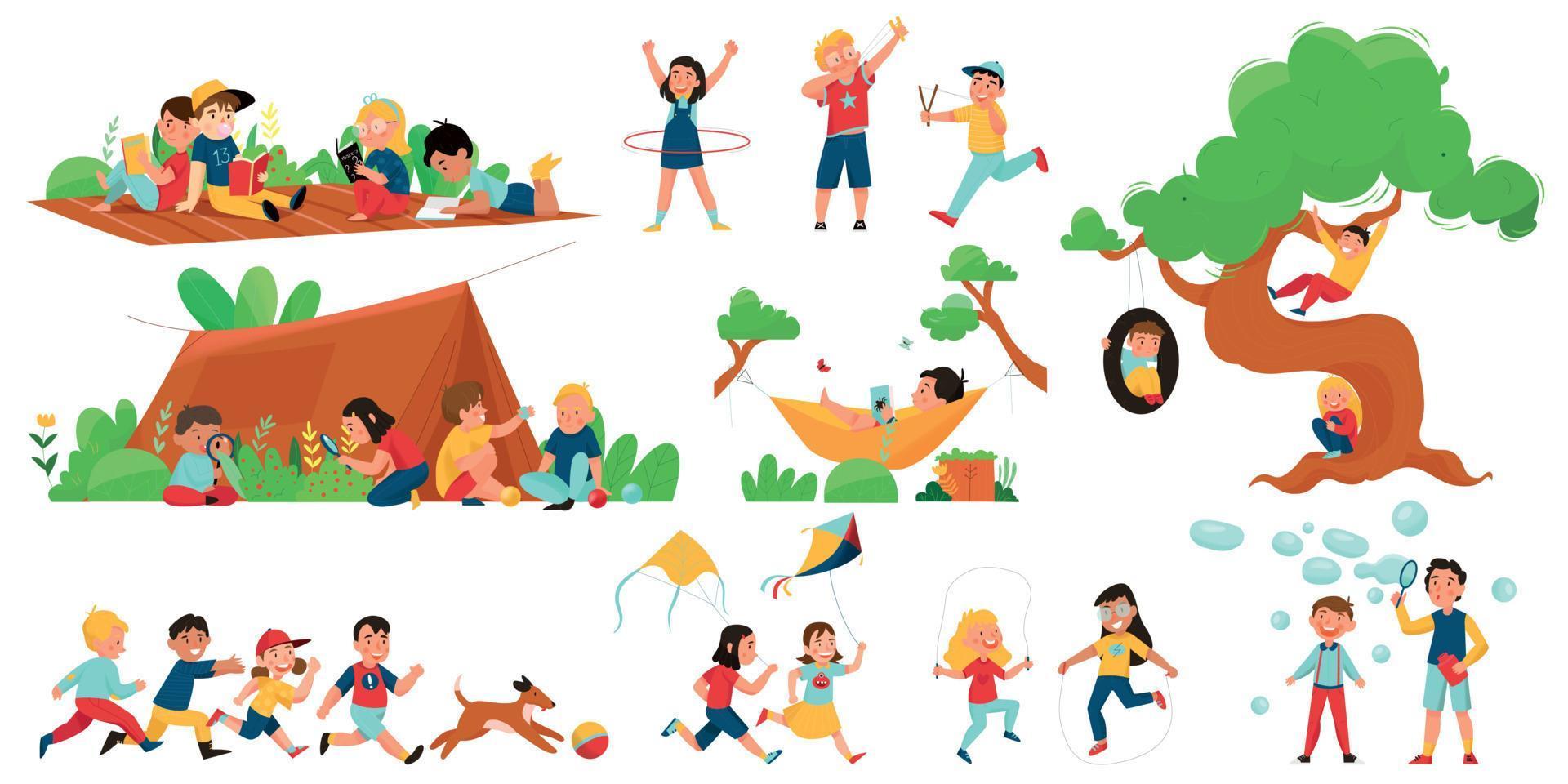 Outside Summer Tent Children Playing Activity Icon Set vector