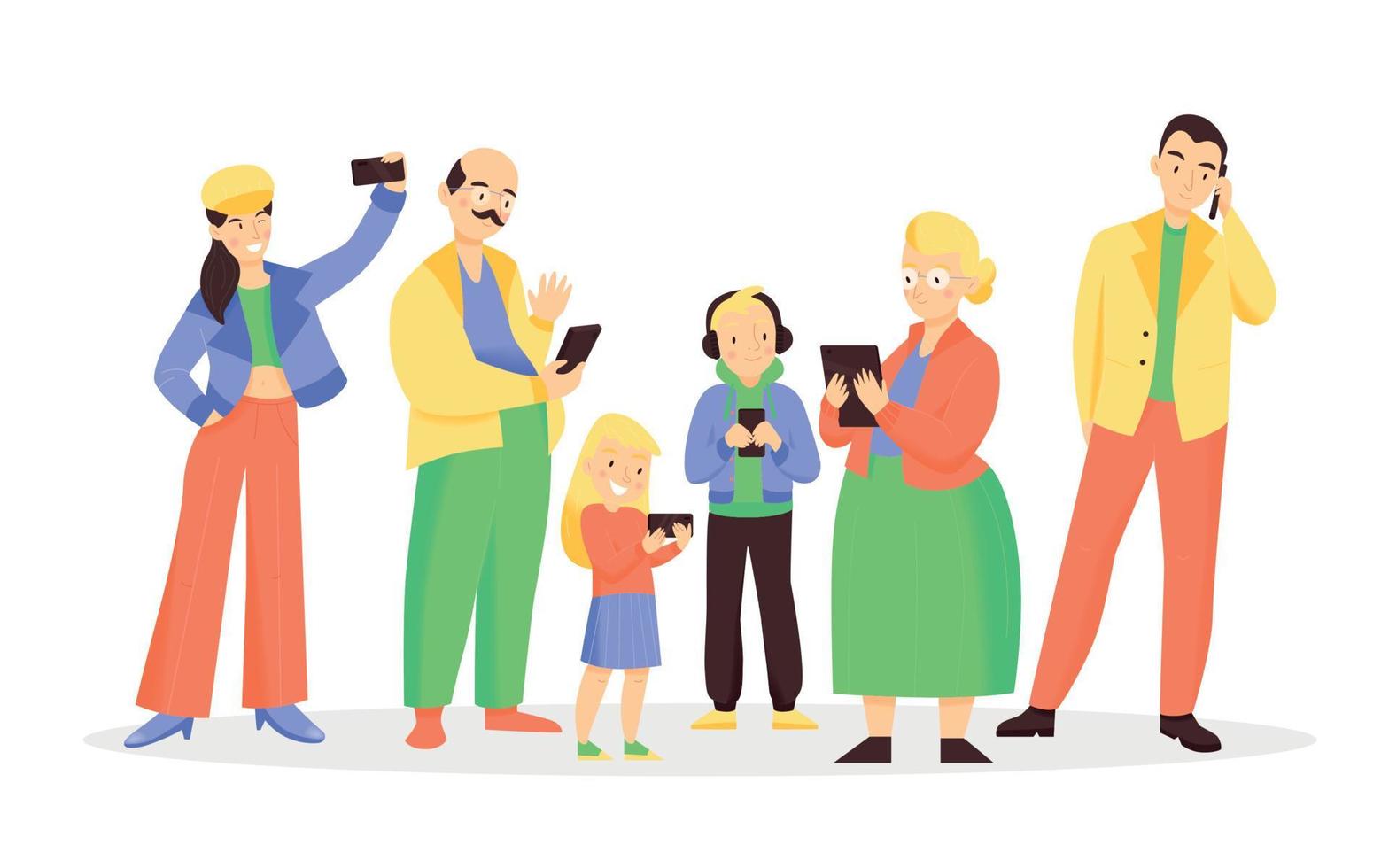 familia con ilustración plana de teléfonos inteligentes vector