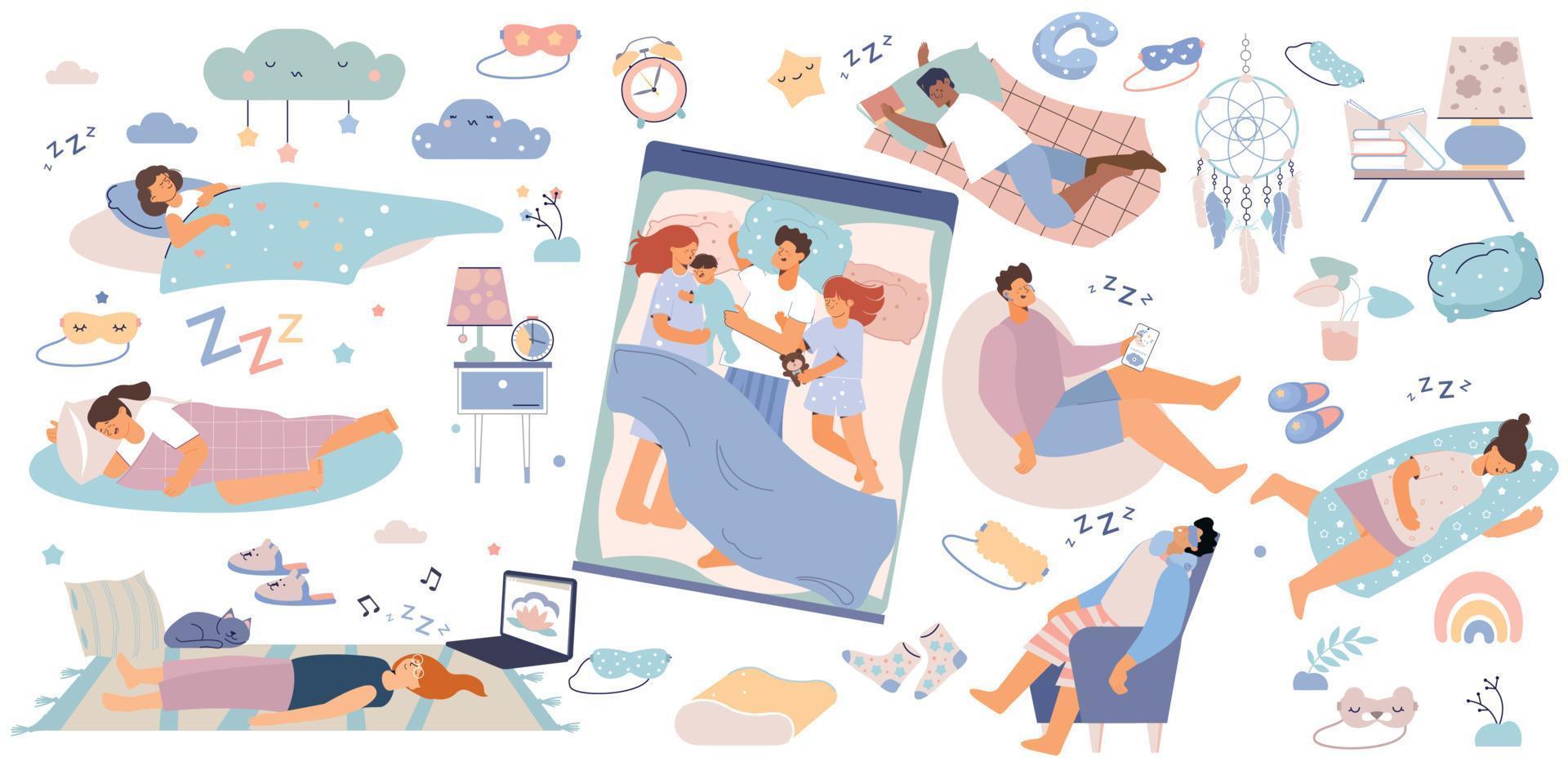 conjunto de garabatos de personas durmiendo vector