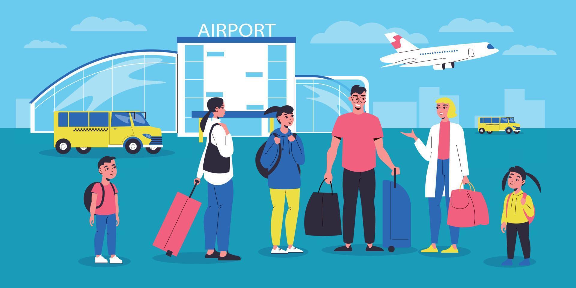 Tourists With Baggage In Airport Field vector