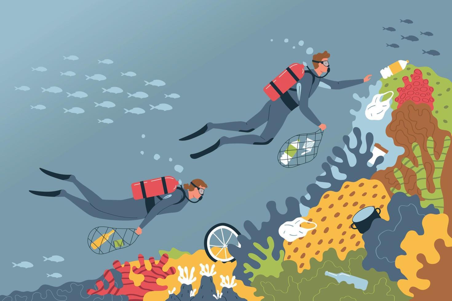 Underwater Pollution Divers Composition vector