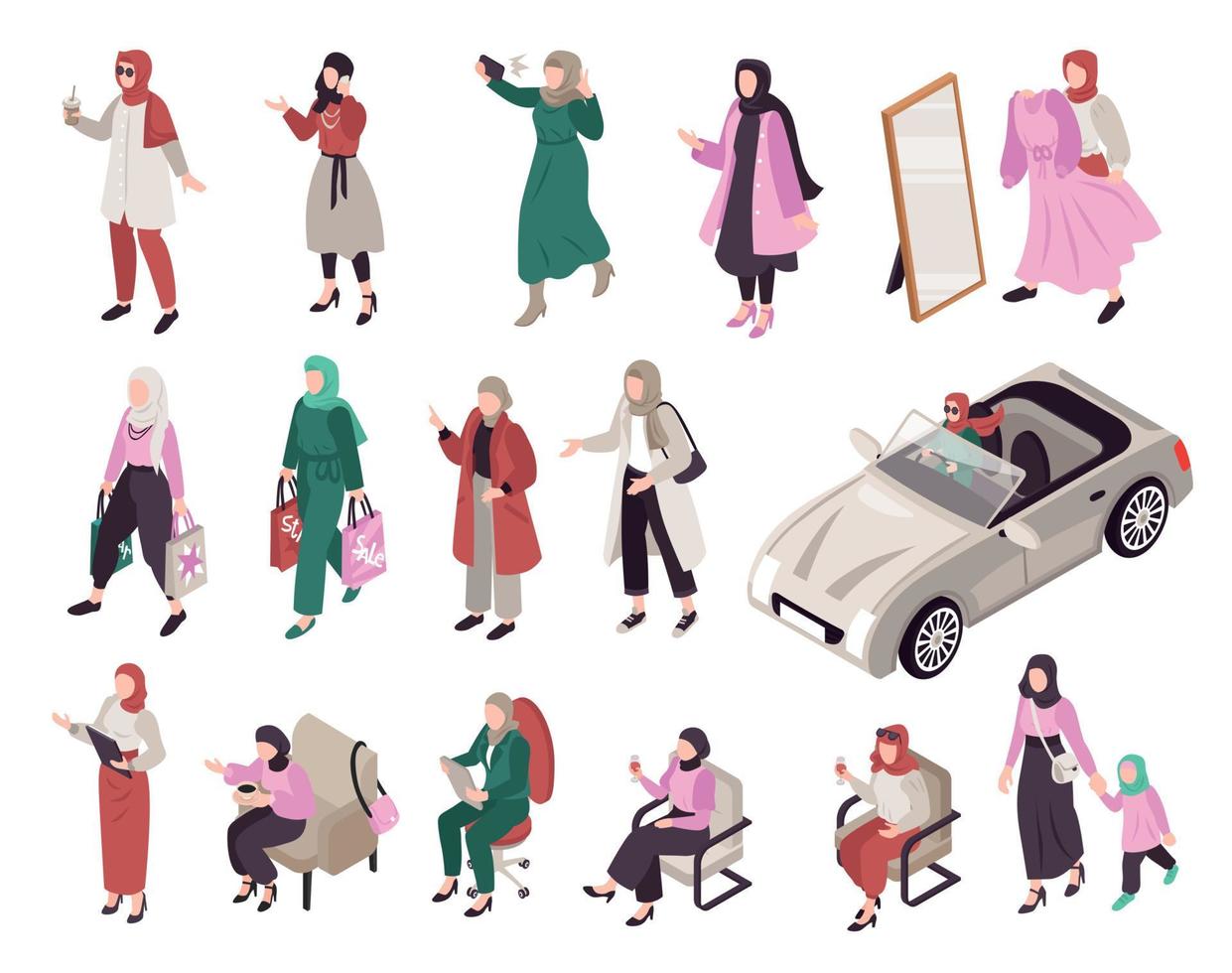 Muslim Female People Isometric Set vector