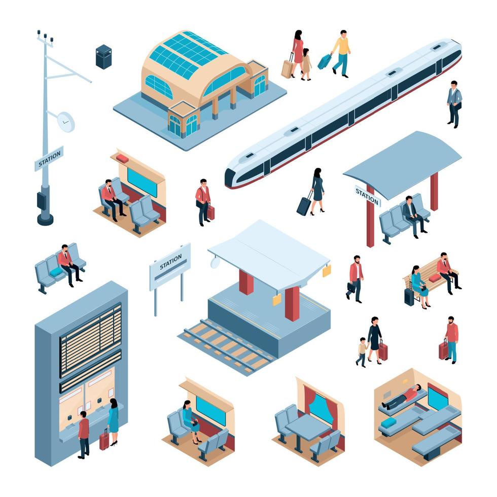 Railway Isometric Icons Set vector