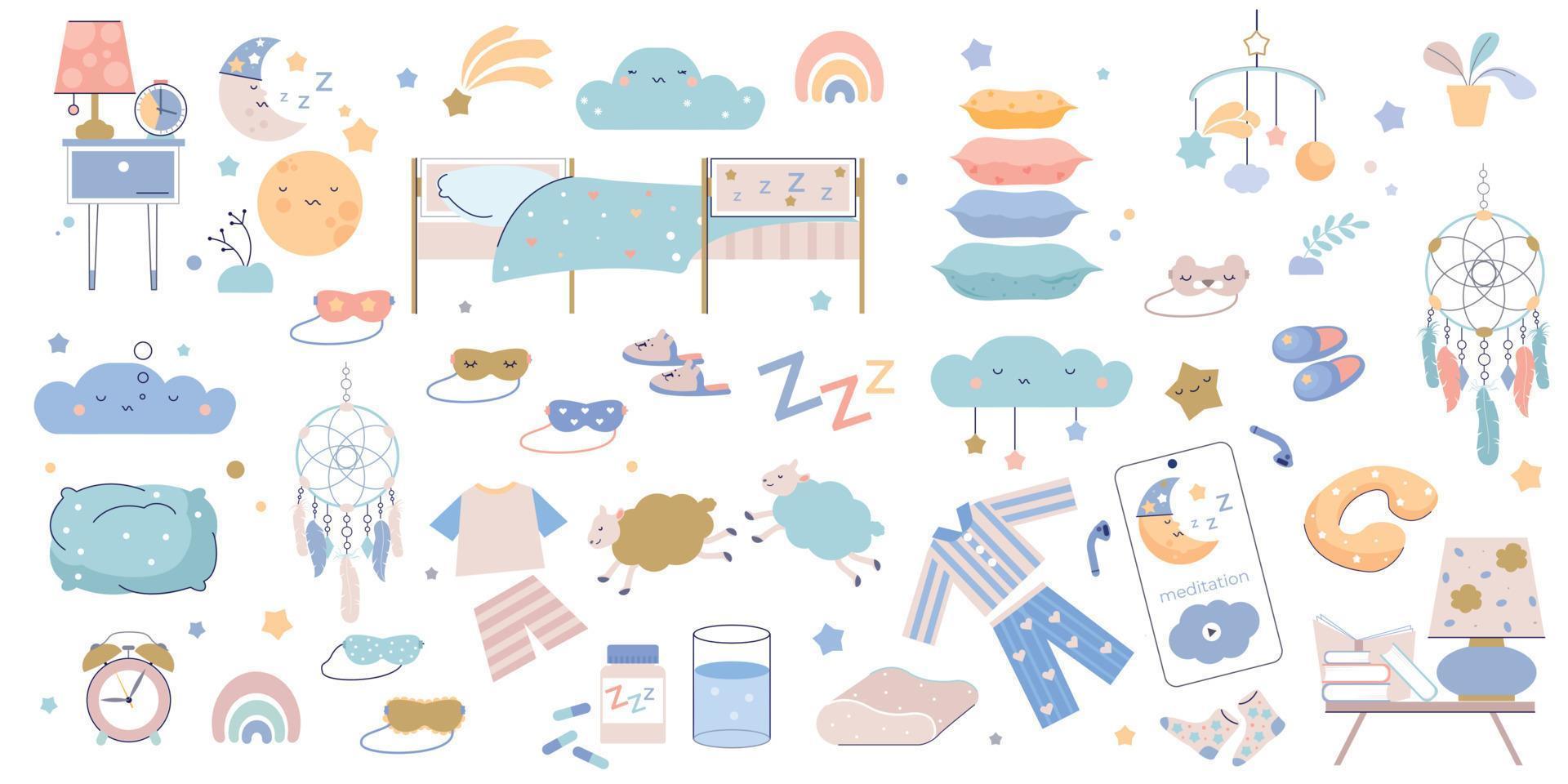 Sleeping Items Flat Set vector