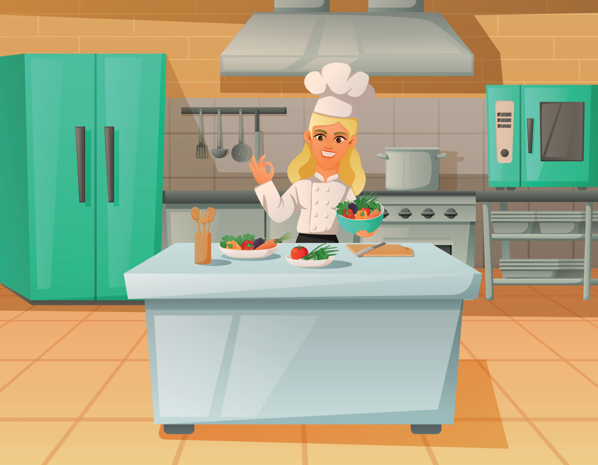 Chef In Kitchen Cartoon Background 6243436 Vector Art at Vecteezy