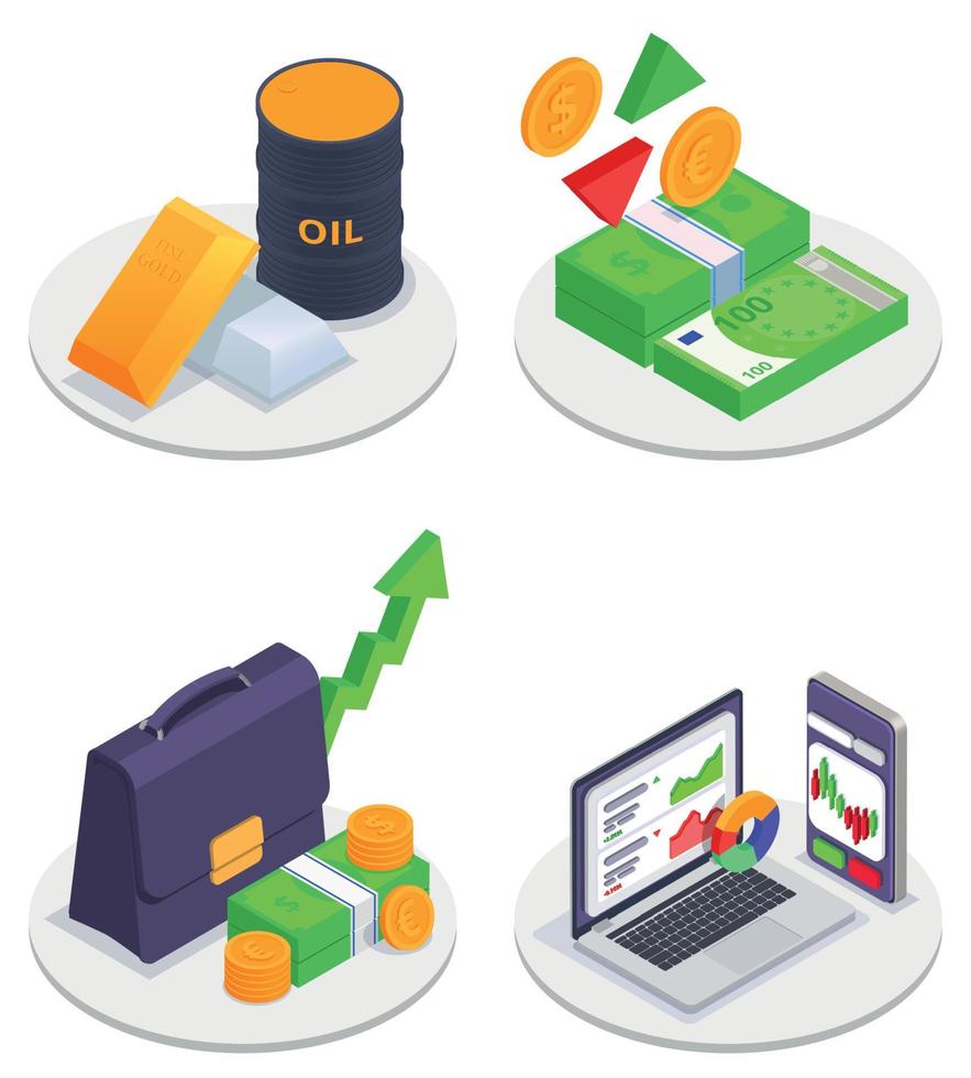 Stock Exchange Financial Market Trading Colored And Isometric Icon Set vector