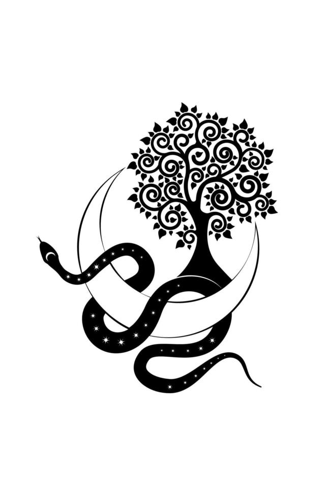 Black Snake on Crescent Moon and Tree of life. Sacred geometry, Mystical celestial pagan Wiccan goddess symbol. Half moon wicca banner sign, tattoo, boho style vector isolated on white background