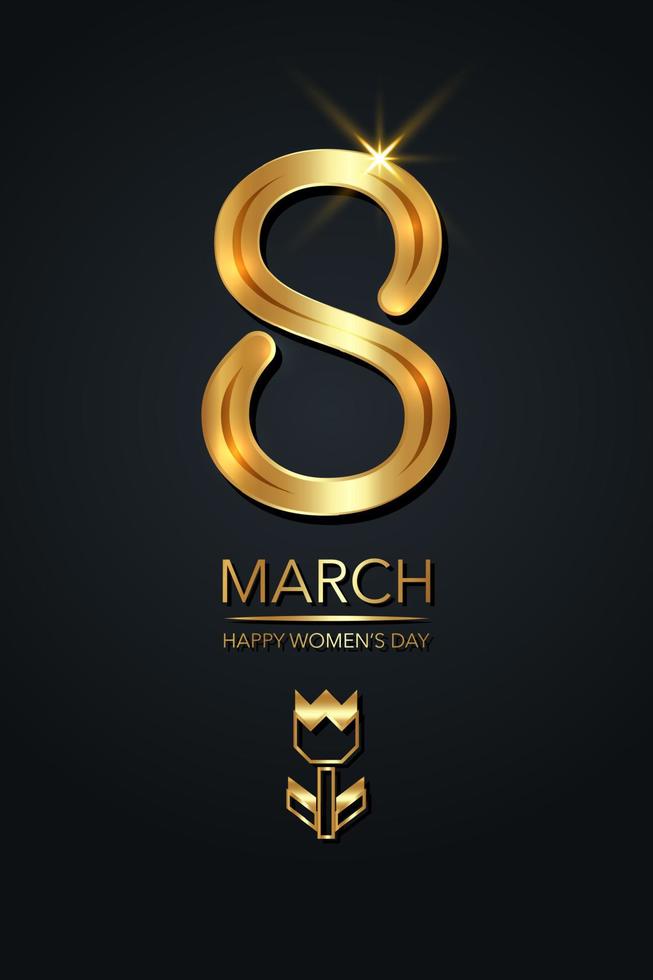 Eight of gold, 8 march luxury postcard. Shiny golden lettering. Digit eight made of gold foil on black background. Glowing International womens day banner or poster or card vector