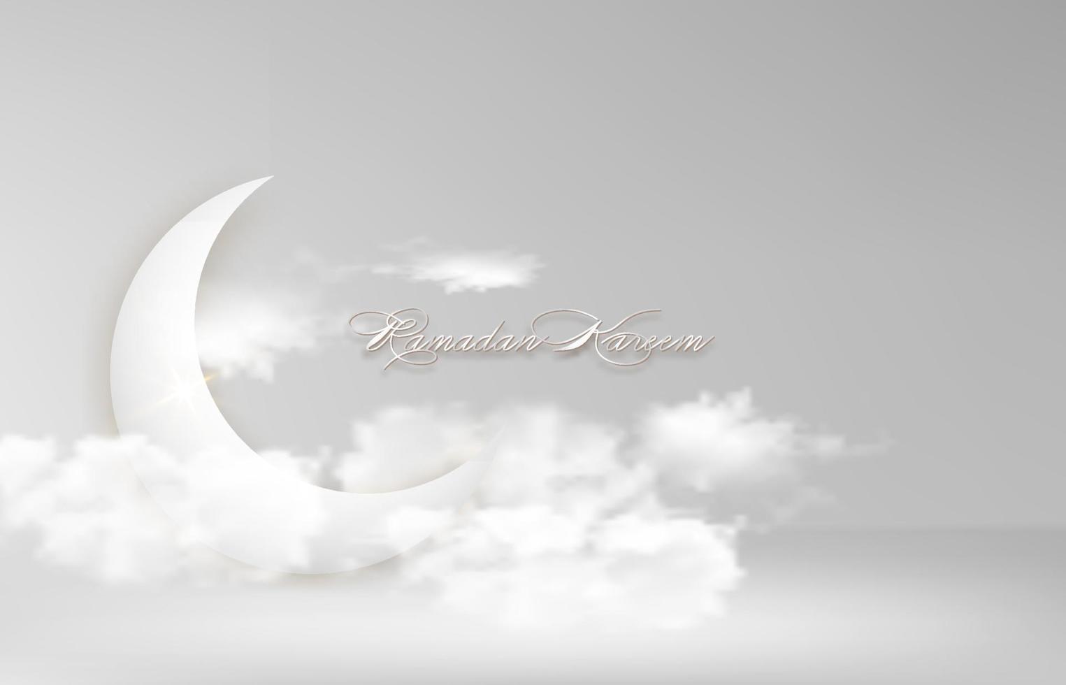 Crescent moon arabic Islamic symbol Ramadan Kareem in the sky concept for Muslim community festival. Banner template vector illustration on white sky background
