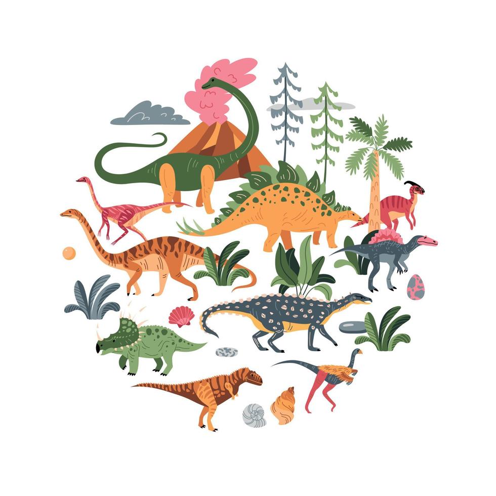 composición redonda del mundo de los dinosaurios vector