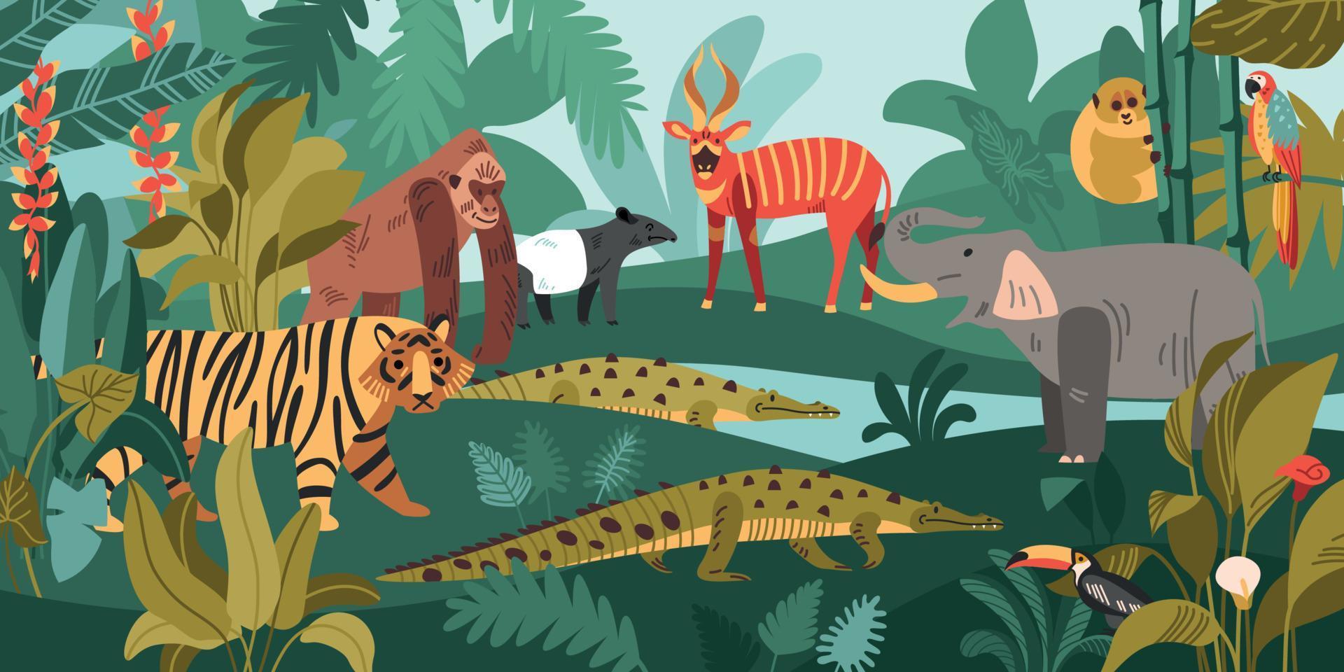 composición del paisaje de las bestias de la selva vector