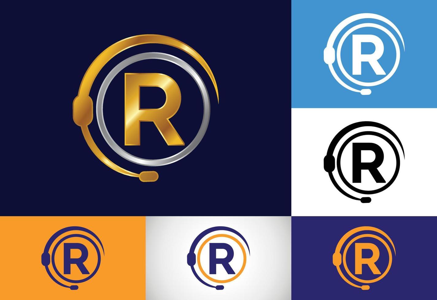 Initial R monogram letter alphabet and support service with headphones. Headphone logo. Hotline customer advice, call center help vector