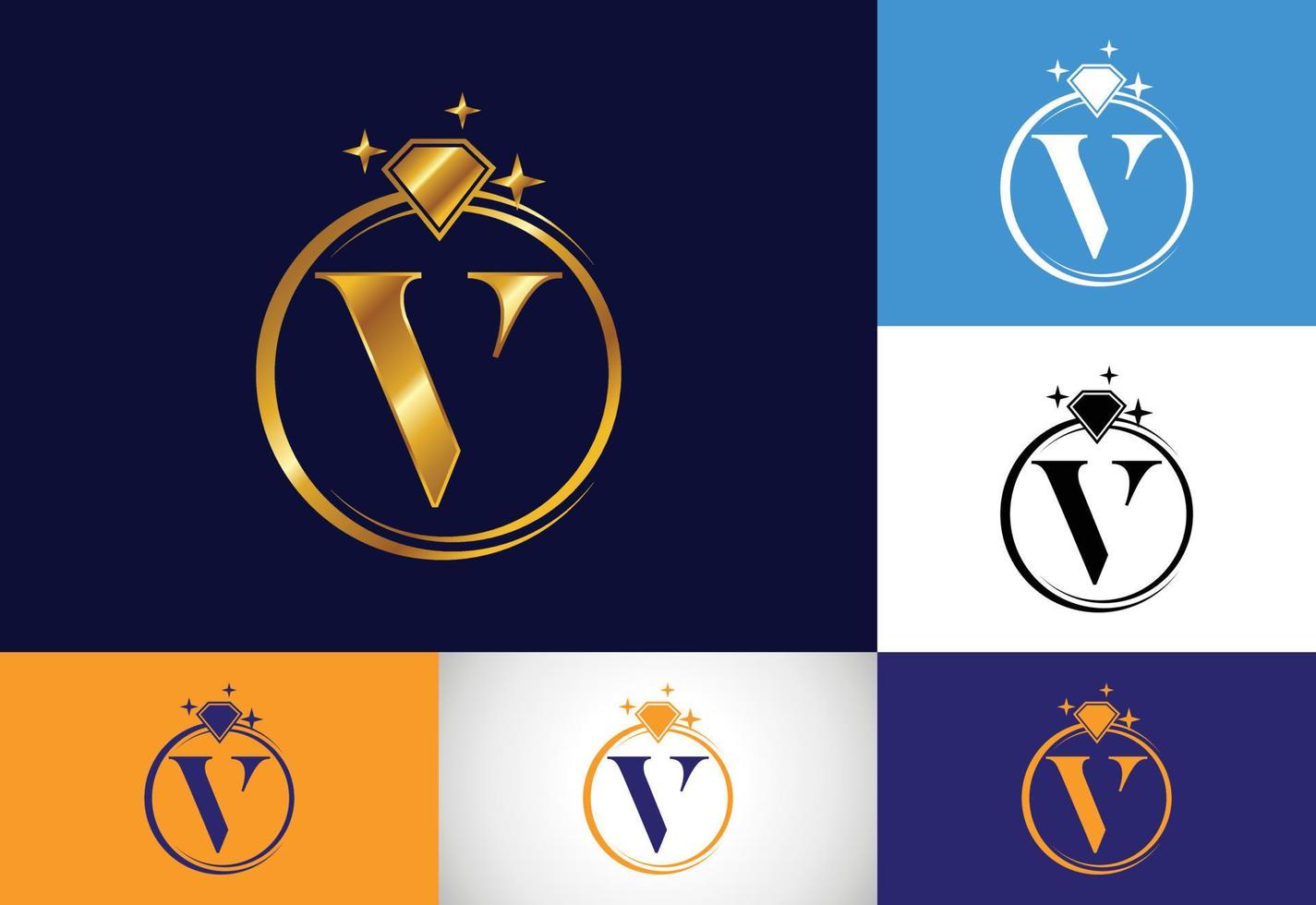 alfabeto inicial de la letra del monograma v en un círculo con diamante. logotipo de anillo de diamantes. concepto de diseño de logotipo de joyería. logotipo vectorial moderno para la identidad empresarial y empresarial. vector