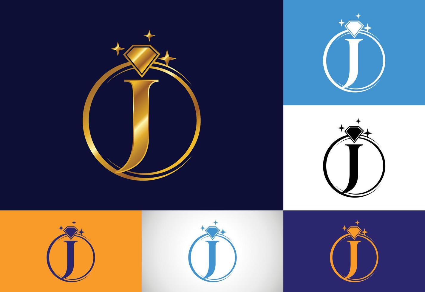 alfabeto inicial de la letra del monograma j en un círculo con diamante. logotipo de anillo de diamantes. concepto de diseño de logotipo de joyería. logotipo vectorial moderno para la identidad empresarial y empresarial. vector