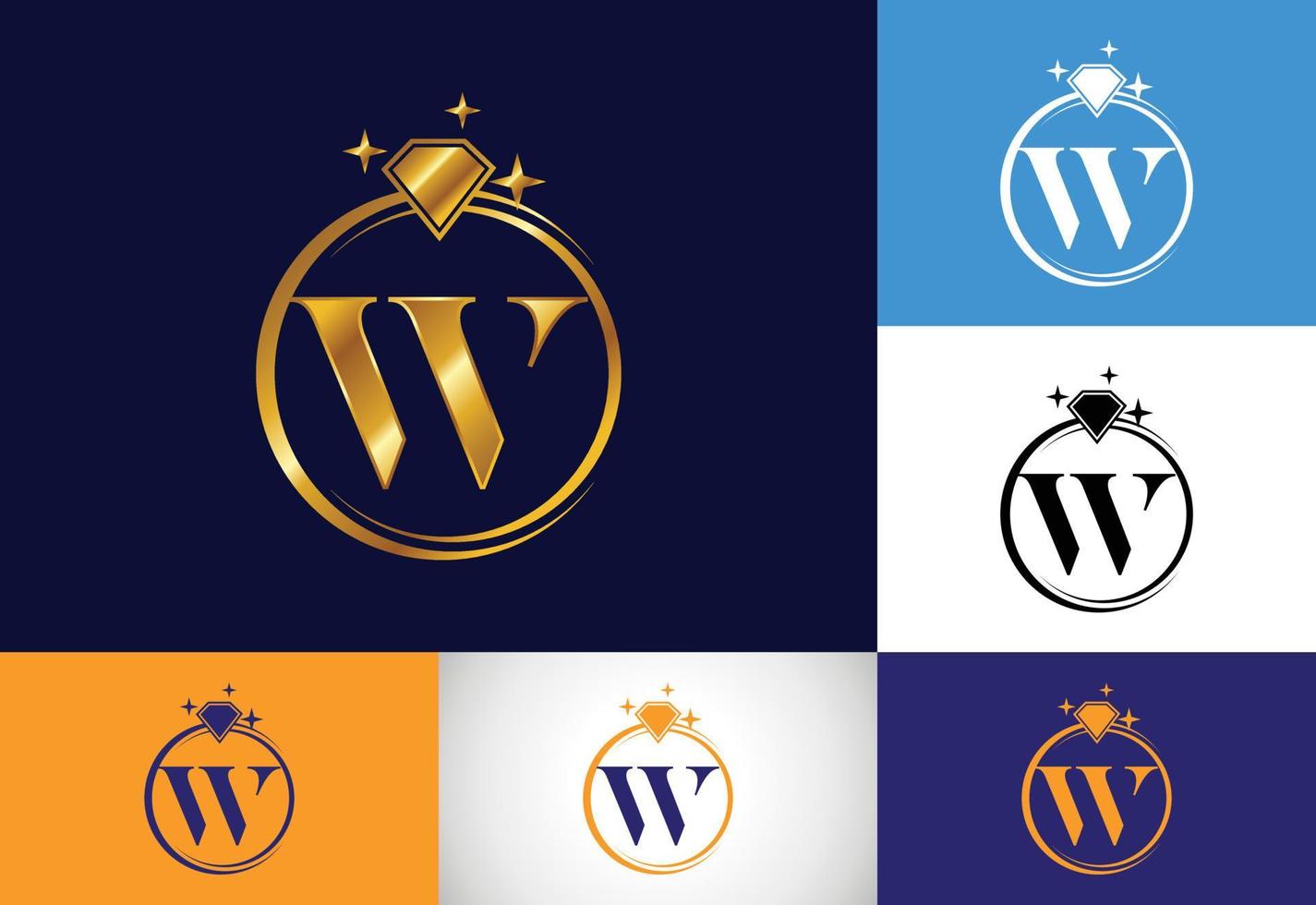 Initial W monogram letter alphabet in a circle with Diamond. Diamond Ring Logo. Jewelry logo design concept. Modern vector logo for business and company identity.