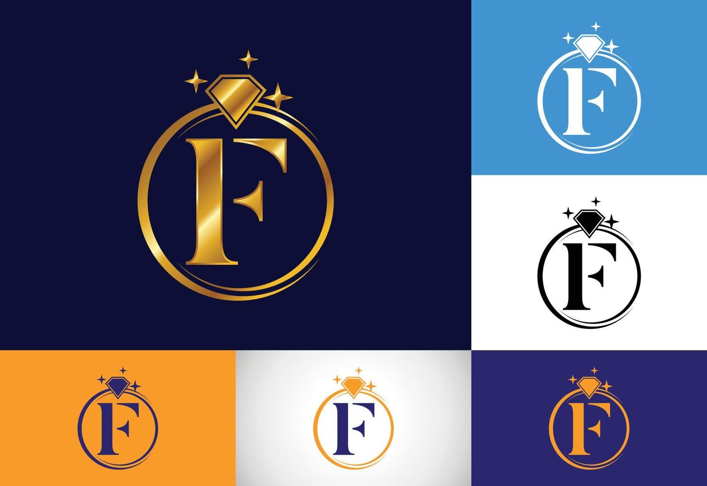 Initial F monogram letter alphabet in a circle with Diamond. Diamond Ring Logo. Jewelry logo design concept. Modern vector logo for business and company identity.