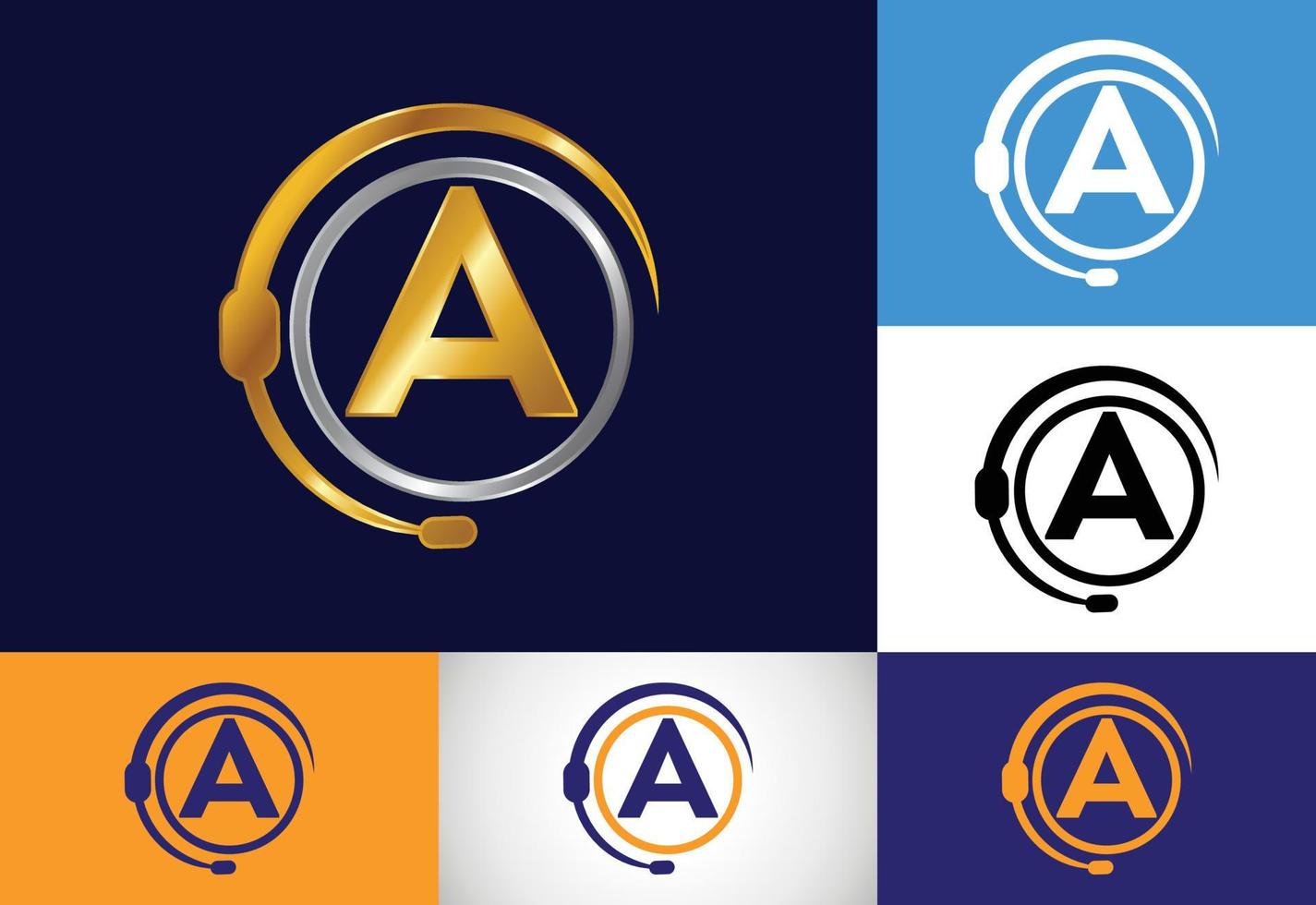 Initial A monogram letter alphabet and support service with headphones. Headphone logo. Hotline customer advice, call center help vector
