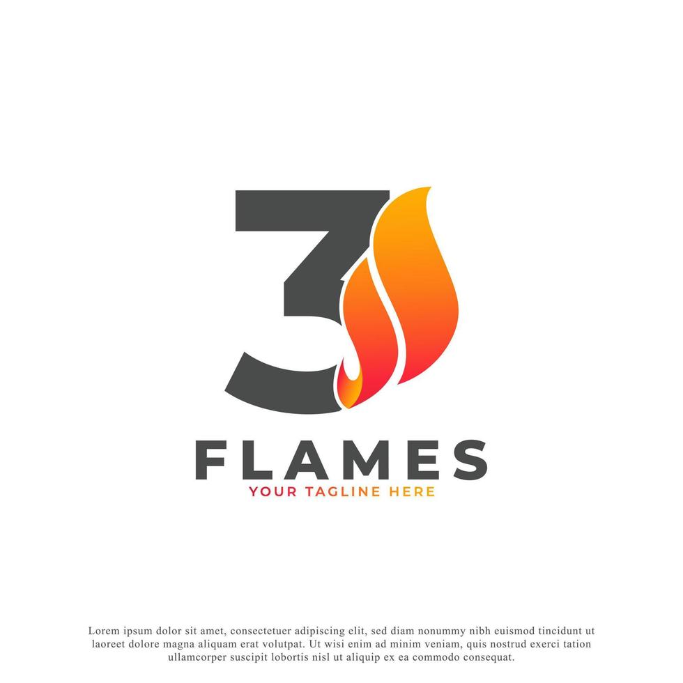 Flame with Number 3 Logo Design. Fire Vector Logo Template