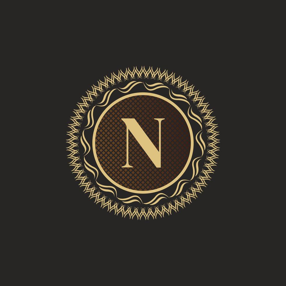 Emblem Letter N Gold Monogram Design. Luxury Volumetric Logo Template. 3D Line Ornament for Business Sign, Badge, Crest, Label, Boutique Brand, Hotel, Restaurant, Heraldic. Vector Illustration