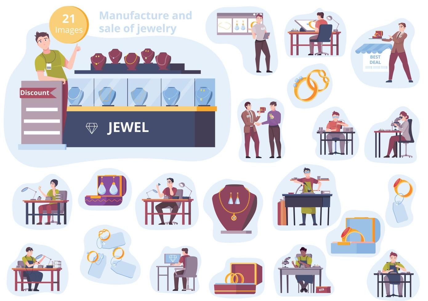 Manufacture And Sale Of Jewelry Flat Icons vector