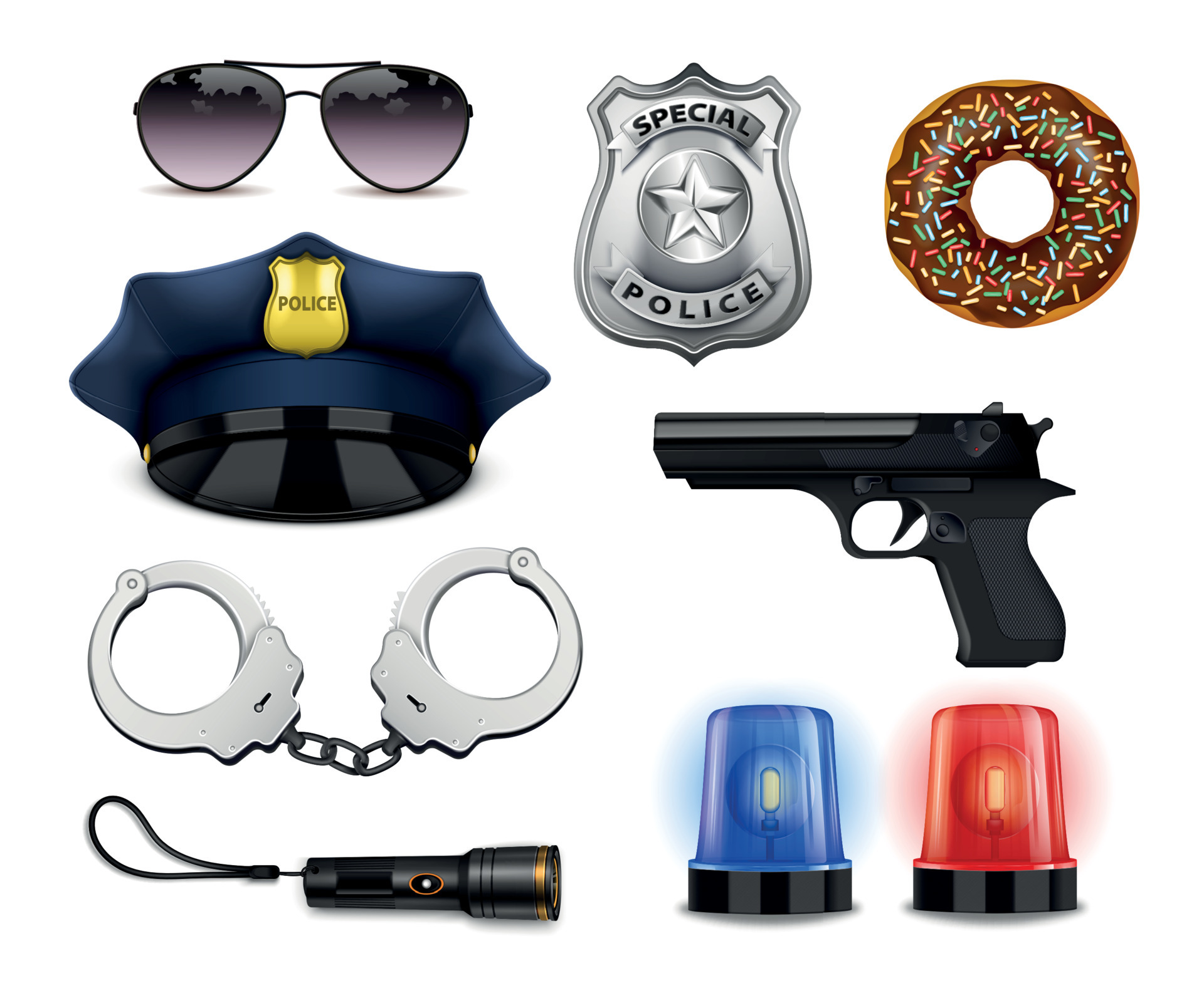 Conjunto de iconos de policía. Equipo y accesorios .Vector ilustración  Vector de stock por ©Margorita 81179176