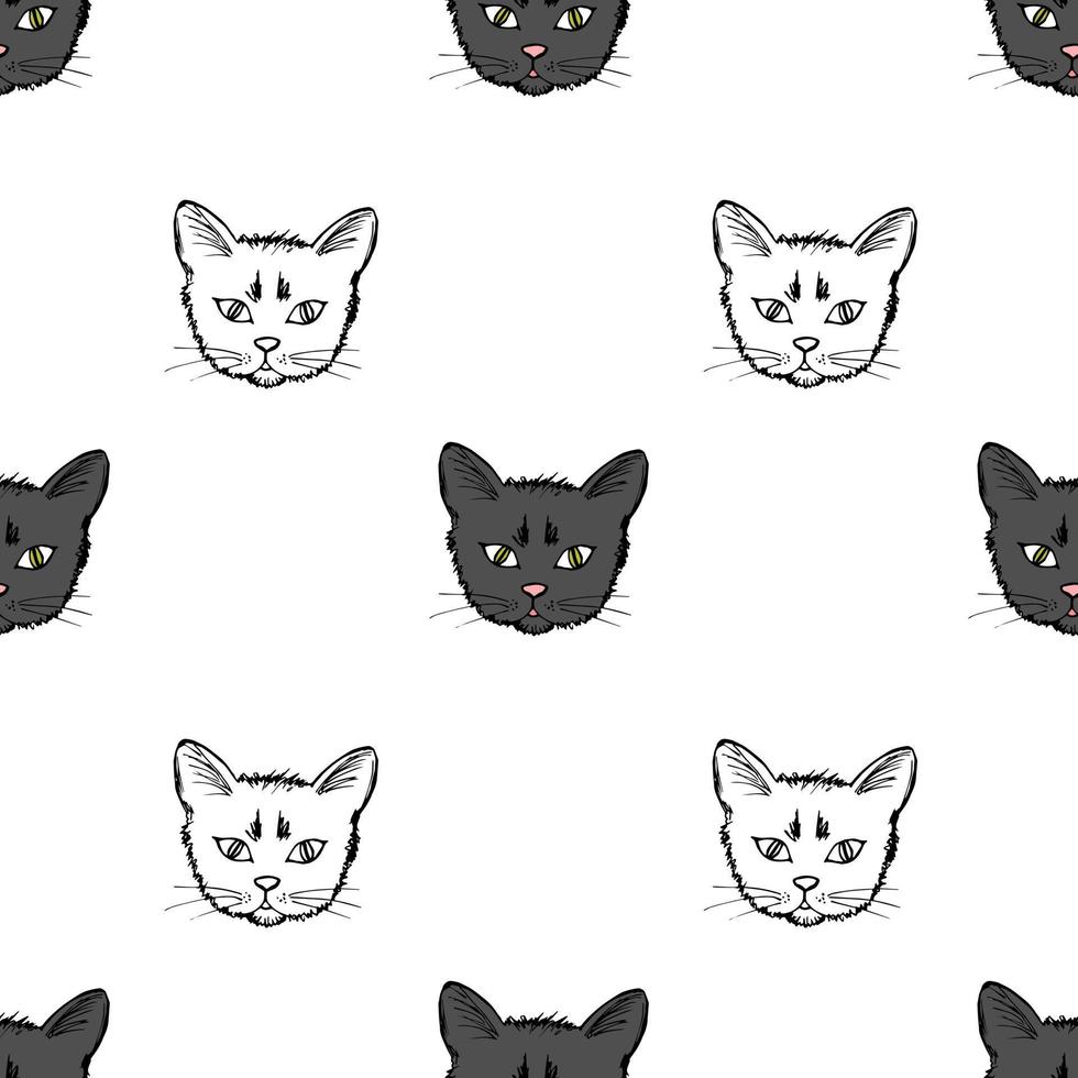 Hand-drawn simple vector seamless pattern. Cute cartoon face of a black cat, contour of the muzzle on a white background. For prints of children's clothing, t-shirt, textile products. Favorite pet.