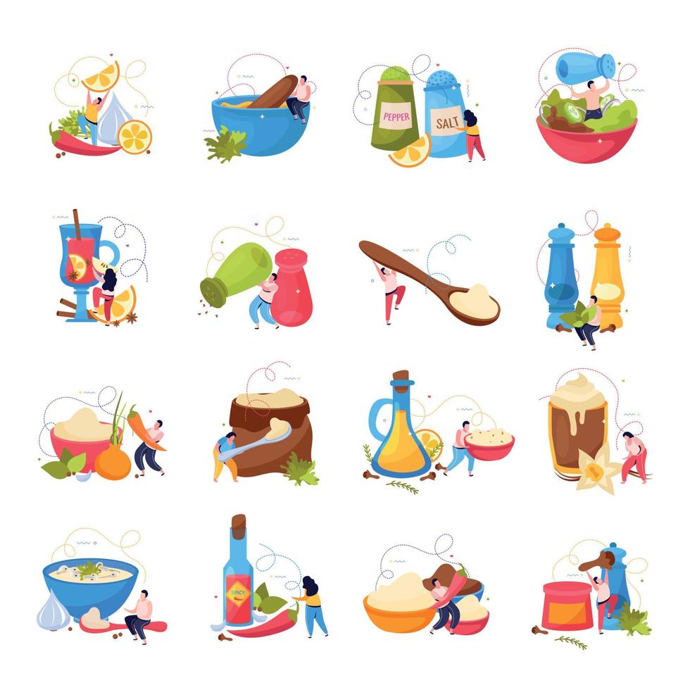 surtido de especias iconos planos vector