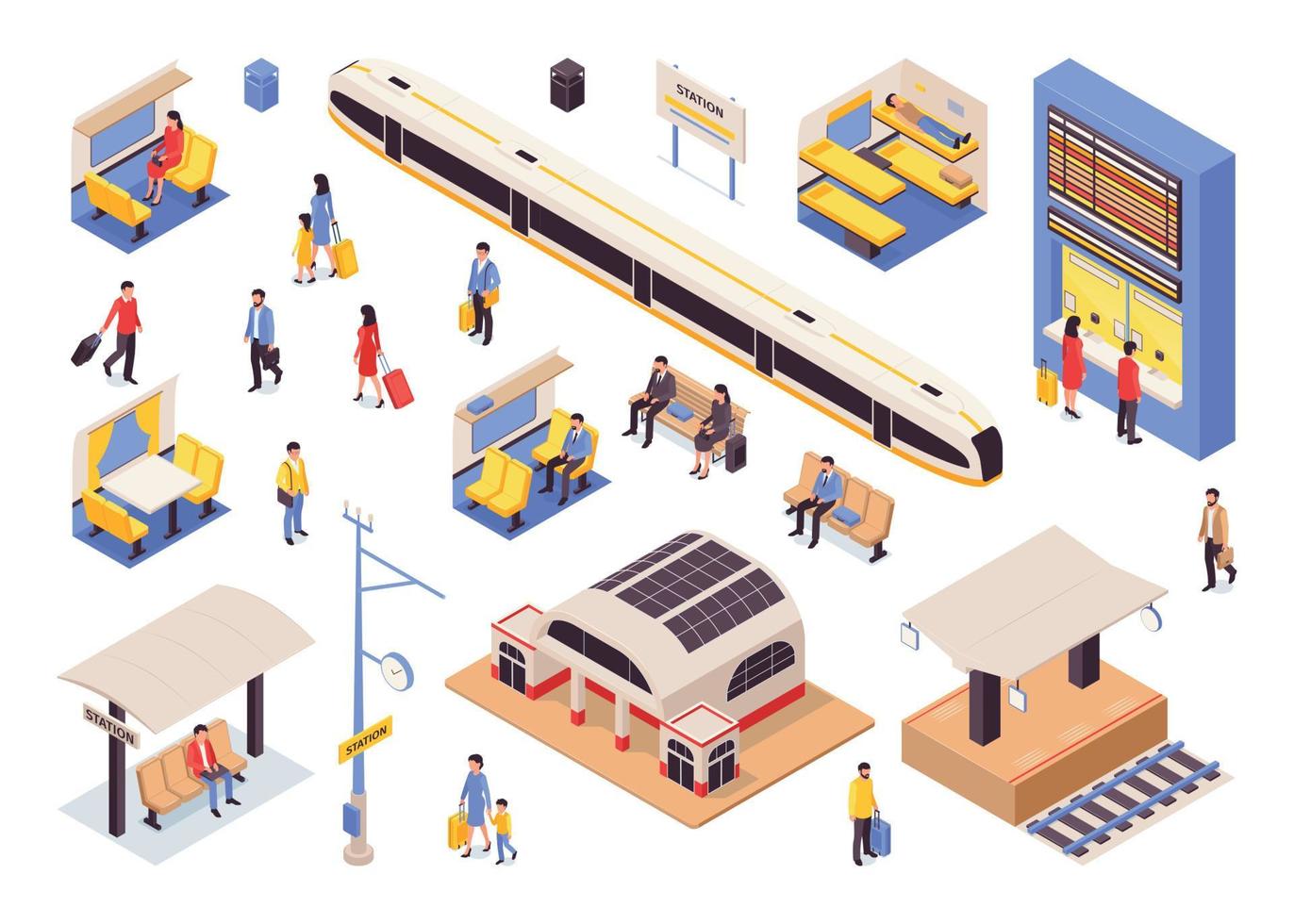 Railway Isometric Color Set vector