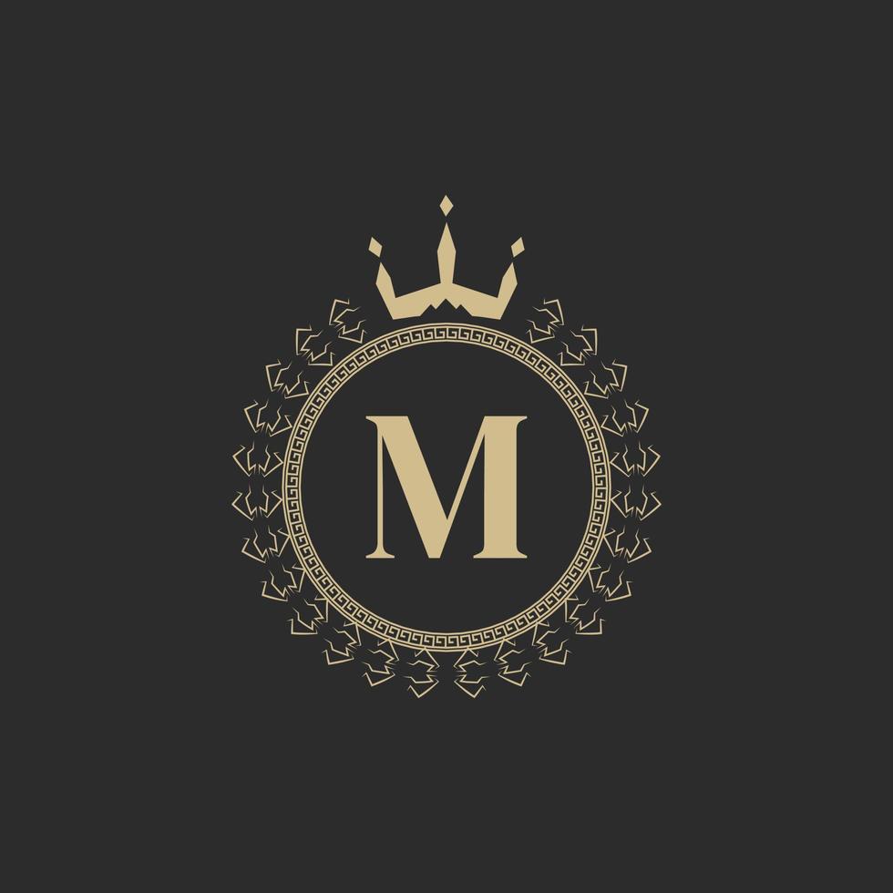 Initial Letter M Heraldic Royal Frame with Crown and Laurel Wreath. Simple Classic Emblem. Round Composition. Graphics Style. Art Elements for Logo Design Vector Illustration