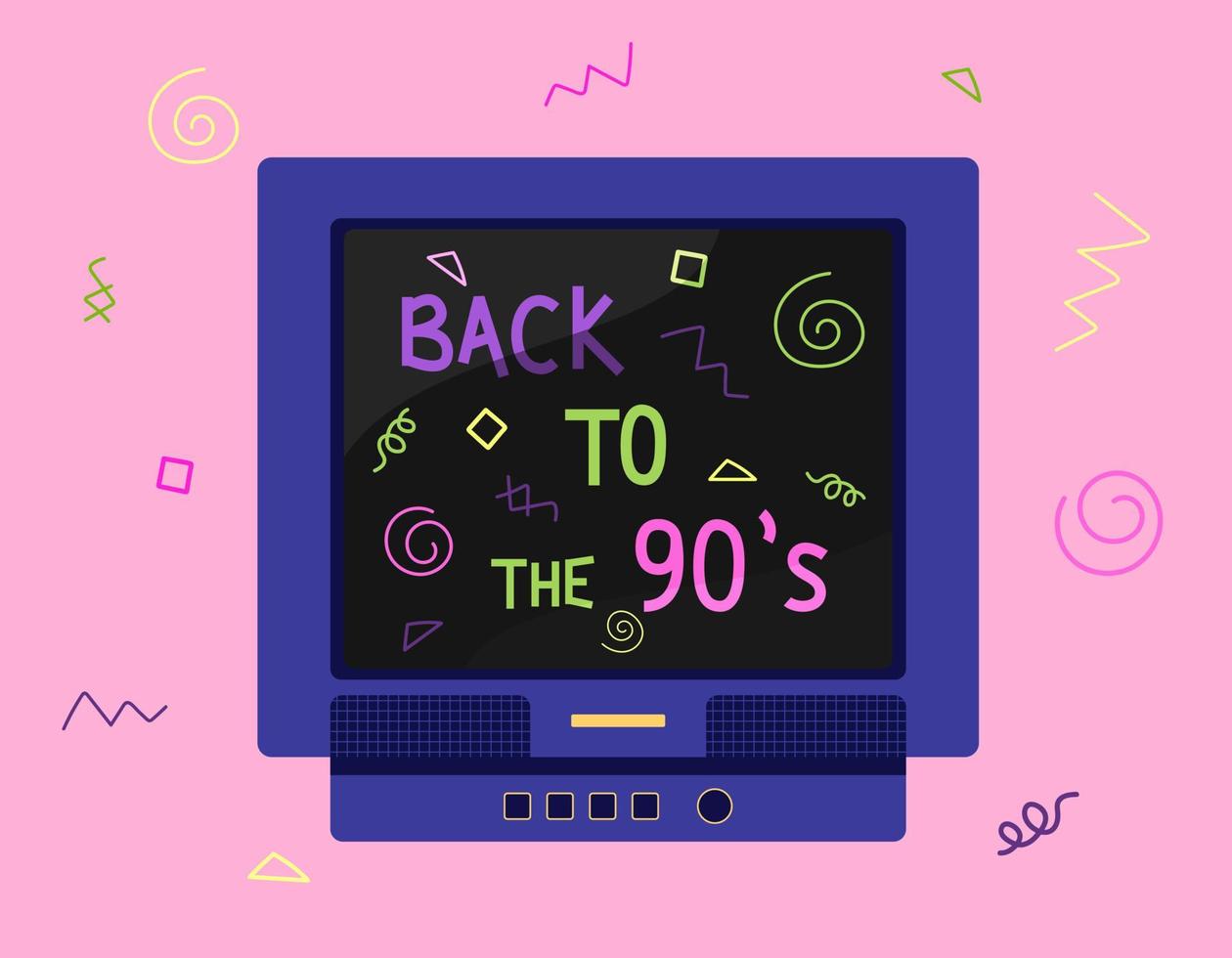 Back to 90s vector flat illustration. Retro TV with lettering text and vibrant geometric ornament. 90s hand drawn poster