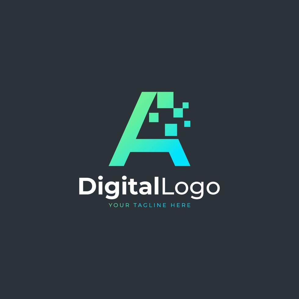 letra de tecnología un logotipo. forma geométrica azul y verde con puntos de píxeles cuadrados. utilizable para logotipos de negocios y tecnología. elemento de plantilla de ideas de diseño. vector