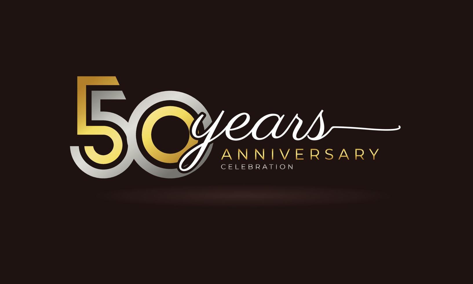 Logotipo de celebración de 50 años con varias líneas vinculadas de color plateado y dorado para eventos de celebración, bodas, tarjetas de felicitación e invitaciones aisladas en un fondo oscuro vector