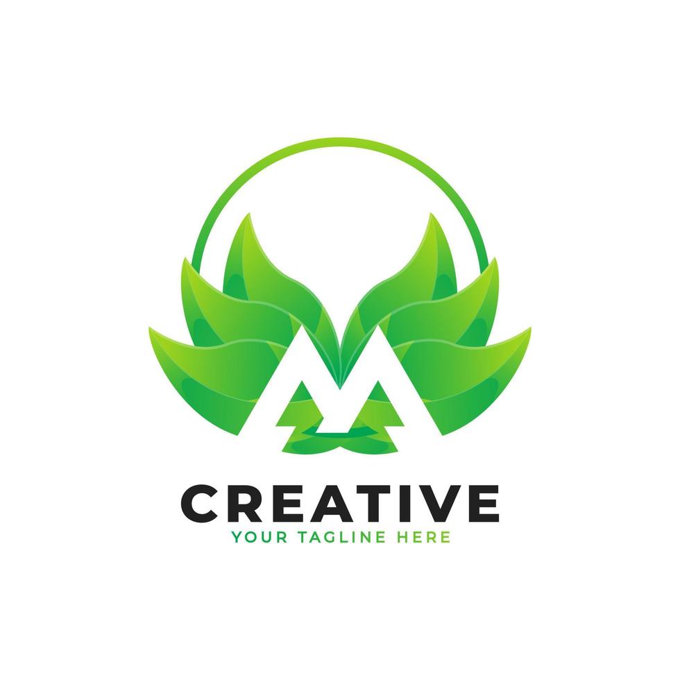 Nature Green Leaf Letter M Logo with Circle. monogram logo. Green Leaves Alphabet Icon. Usable for Business, Science, Healthcare, Medical and Nature Logos.Flat Vector Logo Desgn Template Element