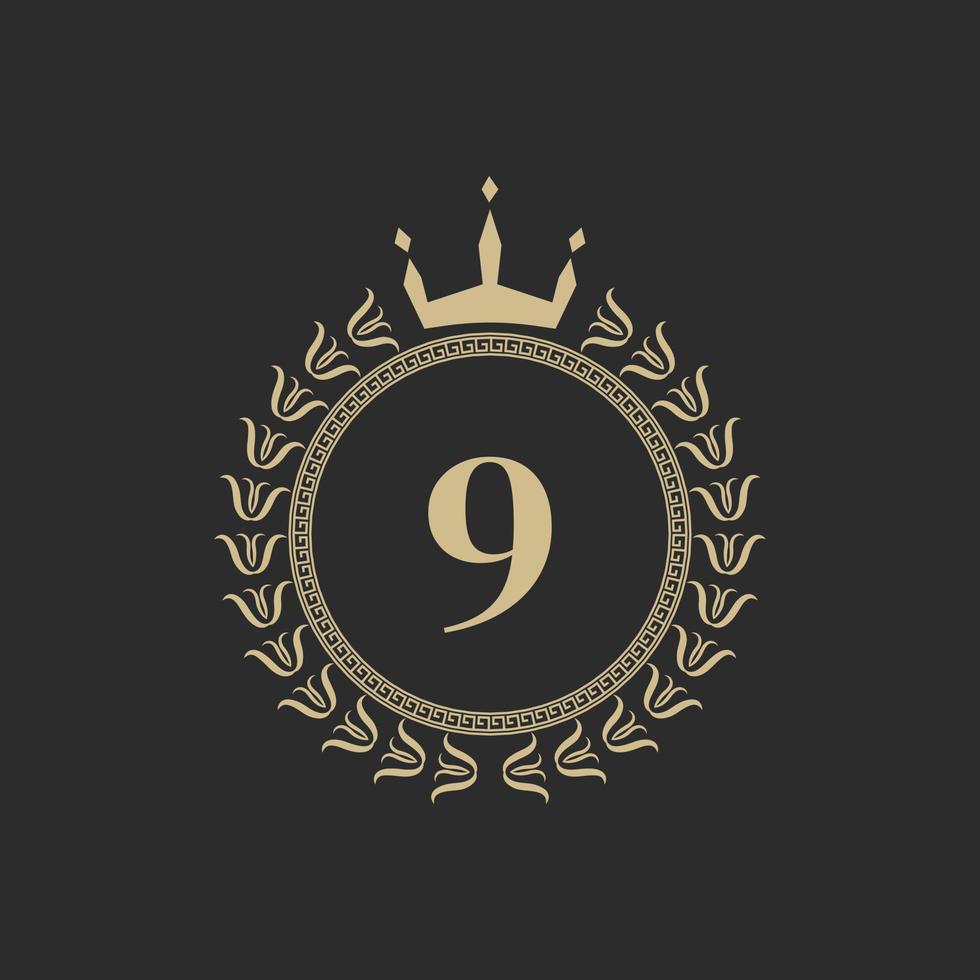 Number 9 Heraldic Royal Frame with Crown and Laurel Wreath. Simple Classic Emblem. Round Composition. Graphics Style. Art Elements for Logo Design Vector Illustration
