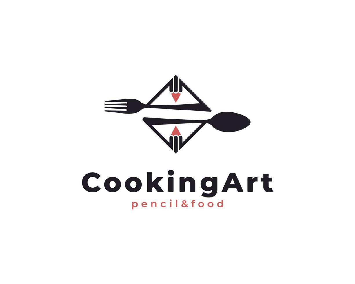 logotipo de arte de cocina creativa. combinación de tenedor, cuchara y lápiz para blog de escritores de alimentos, recetas de restaurantes, inspiración para el diseño del logotipo vector