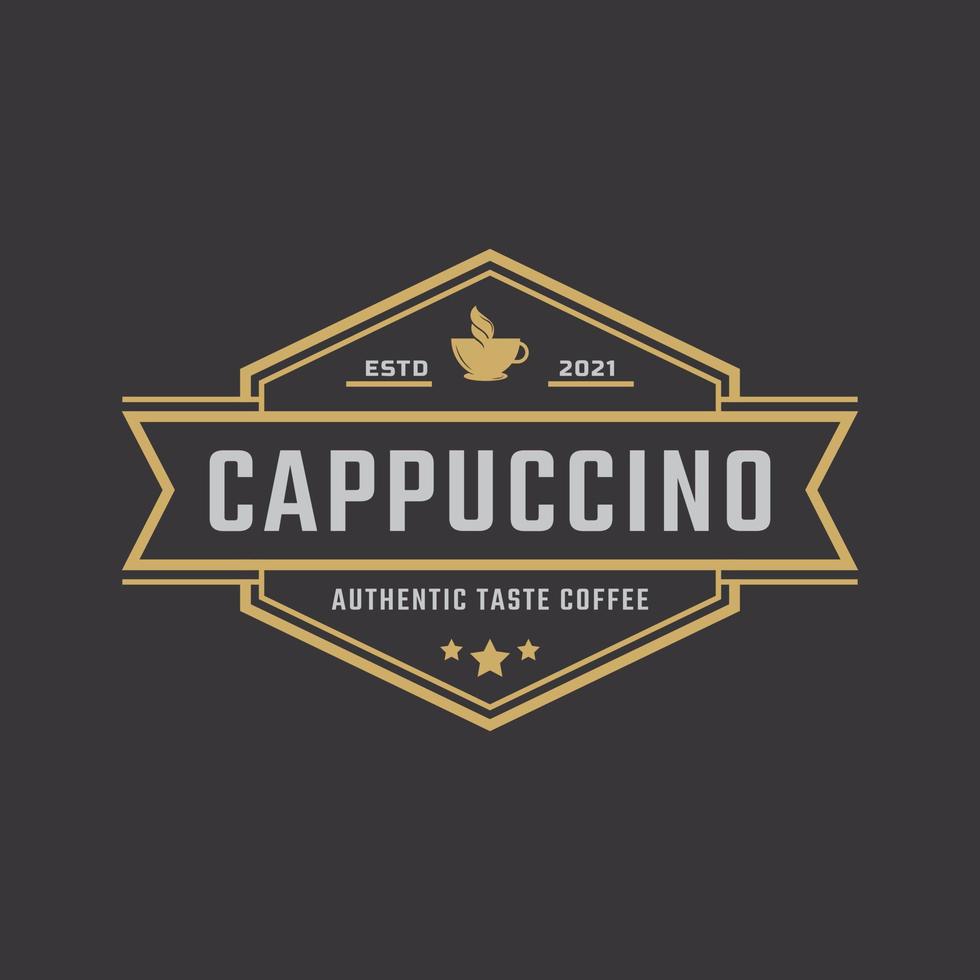 Vintage Emblem Badge Coffee Shop Logo with Cup and Coffee Beans Symbol in Retro Style Vector Illustration